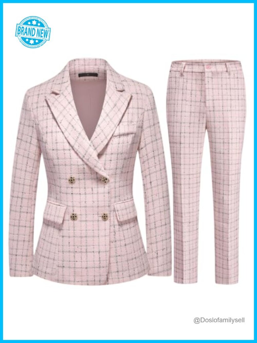 Women Plaid Double Breasted Blazer Suit Set Office Pantsuit